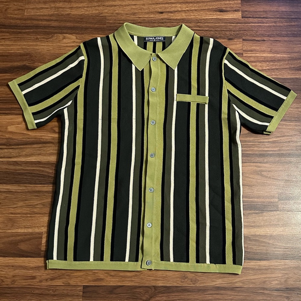 Vintage Green and Black Striped Casual Button Down Shirt